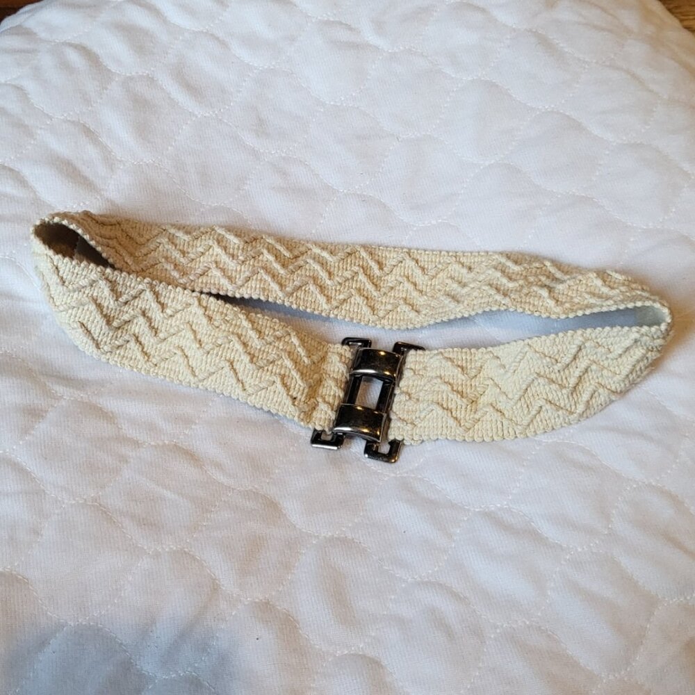 Woven Stretchy Belt Cream Silver Toned Buckle Clasp Boho Hippie Natural - Picture 6 of 15